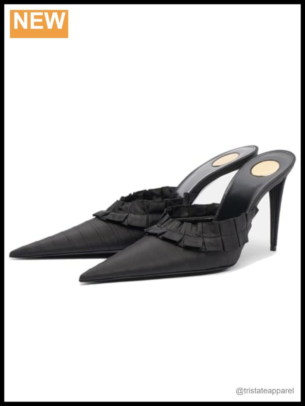 Ruffle Satin Slide Mules Stiletto Heel Pointed Toe Evening Dress Sandals